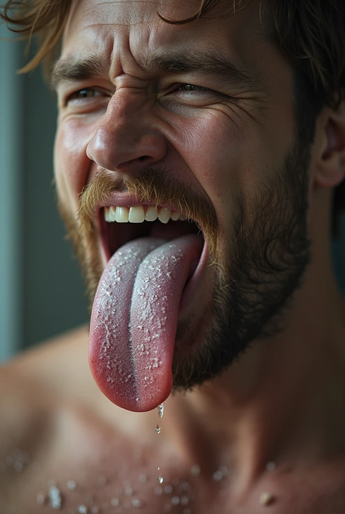 Attractive man being filled with a goo penis with its mouth being filled with white cum