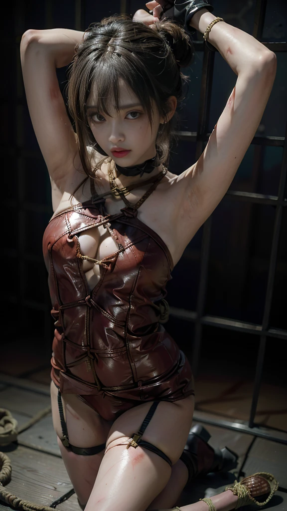 jail cell,A doomsday scene,There are handcuffs and leg irons on the floor,All kinds of torture instruments,Sexy standing pose,Random white sexy lingerie and panties,Full body portrait 1.1,18 years old girls,lean and slender body,Skinny,Smaller bust,The barefoot,Leaky ,Leakage of all breasts,Naked all over the body,facing to audience,Resident Evil