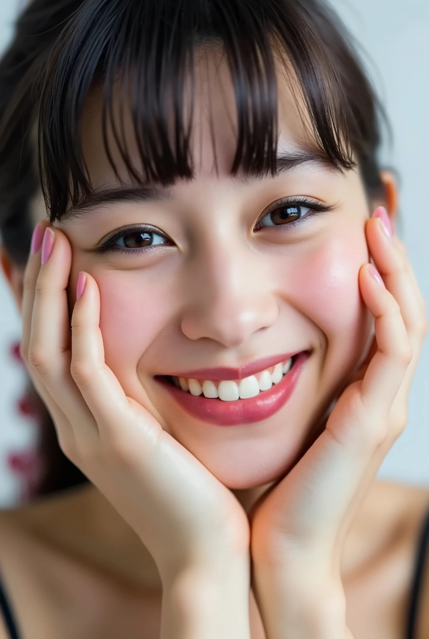 extreme close-up portrait, beautiful girl with her love-struck, radiant face filling the entire frame (95% face ratio), gently placing both open hands on her flushed cheeks with soft fingers, soft black camisole, white blurred background, eyes dreamy and half-lidded, deeply adoring gaze fixed straight at the viewer, irises ultra-detailed with intricate rainbow reflections and glowing catchlights, moist and sparkling eyes as if about to tear up from overwhelming joy, soft melting smile revealing slightly parted lips and upper teeth, skin with visible soft pores, realistic skin texture with warm lighting and subtle shadows, delicate eyelashes, glossy lips with natural highlights, cheeks glowing with deep blush, cinematic soft lighting, lifelike expression full of romantic euphoria, overflowing with happiness, warmth, and pure affection, subtly tilting her head as if whispering a name in total bliss, ultra photorealistic, masterpiece, 8K, hyperreal detail, skin pores, detailed iris texture, cinematic mood