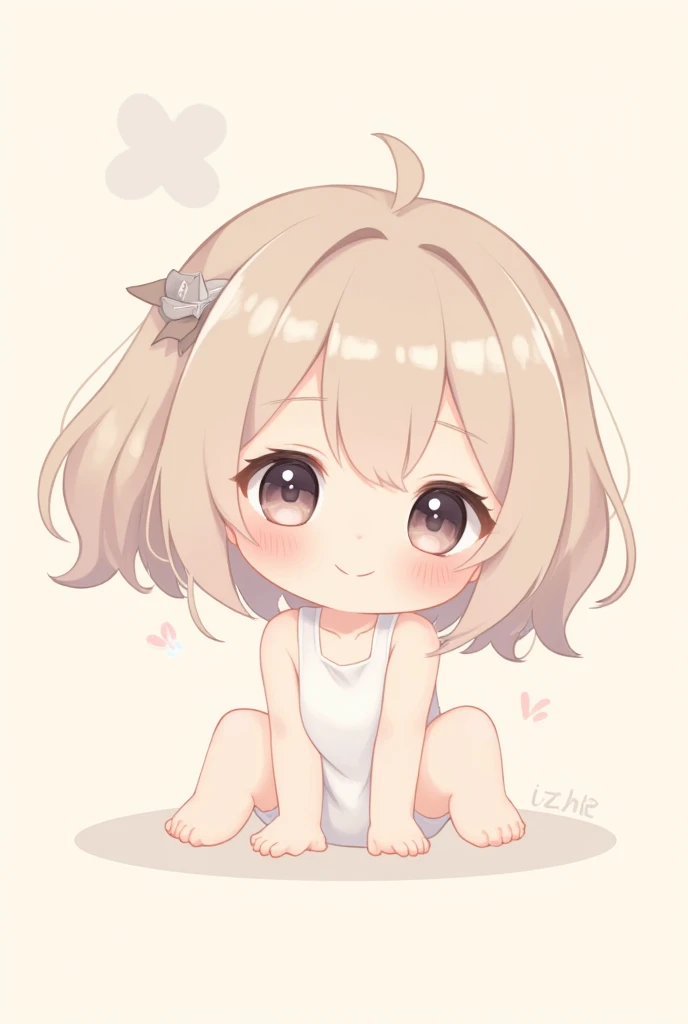 A drawing of a girl, nude, pussy, , tits, smol, full body sprite, standing, fragile looking figure, simple lineart, cute character, very flat shading, soft outline, cute, purple eyes, brown messy hair, skinny, anime style, simple