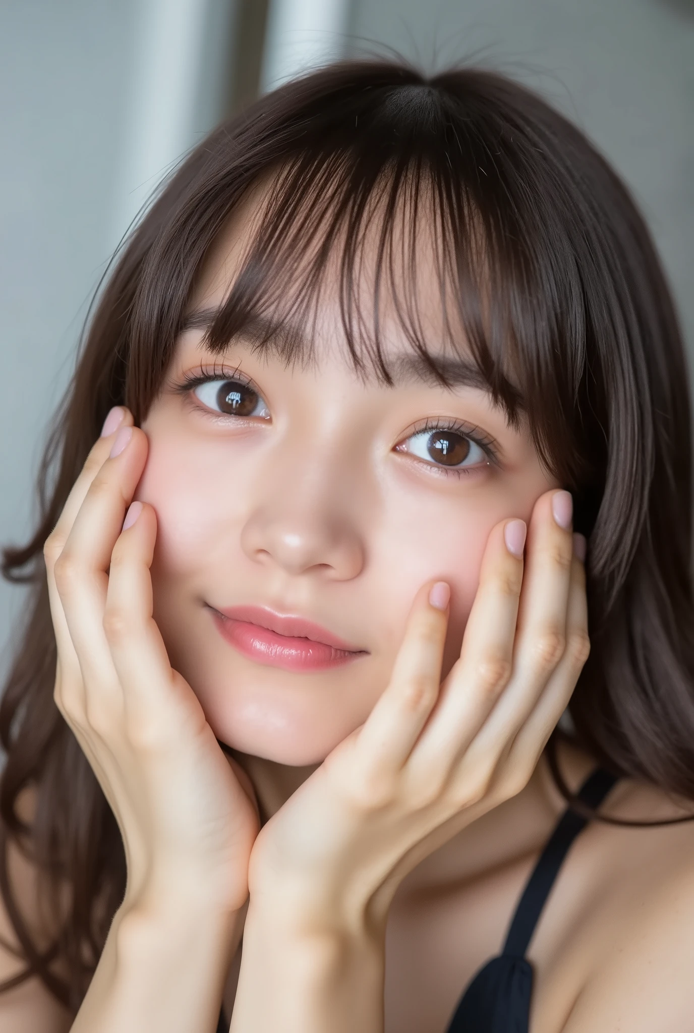 extreme close-up portrait, beautiful girl with her love-struck, radiant face filling the entire frame (95% face ratio), gently placing both open hands on her flushed cheeks with soft fingers, soft black camisole, white blurred background, eyes dreamy and half-lidded, deeply adoring gaze fixed straight at the viewer, irises ultra-detailed with intricate rainbow reflections and glowing catchlights, moist and sparkling eyes as if about to tear up from overwhelming joy, soft melting smile revealing slightly parted lips and upper teeth, skin with visible soft pores, realistic skin texture with warm lighting and subtle shadows, delicate eyelashes, glossy lips with natural highlights, cheeks glowing with deep blush, cinematic soft lighting, lifelike expression full of romantic euphoria, overflowing with happiness, warmth, and pure affection, subtly tilting her head as if whispering a name in total bliss, ultra photorealistic, masterpiece, 8K, hyperreal detail, skin pores, detailed iris texture, cinematic mood
