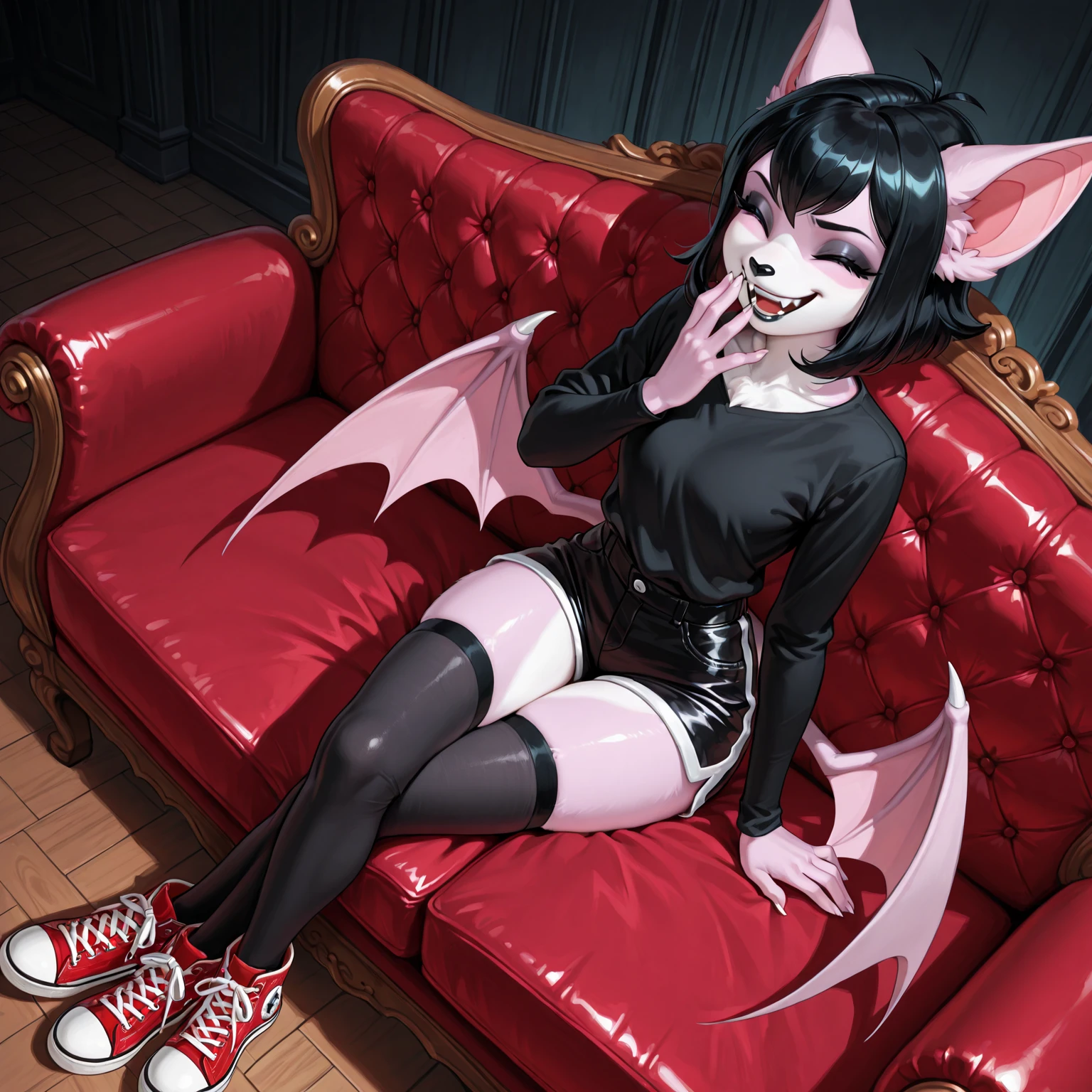 score_9, score_8_up, score_7_up, score_6_up, BREAK, Moriko, 1girl, bat ears, bat girl, yellow eyes, white pupils, bangs, very long hair, black nails,black capelet, black pleated skirt, white shirt, fur trim, black thighhighs, black boots,suffering, pain, dead eyes, empty eyes, expressionless, holding videogame controller,3d