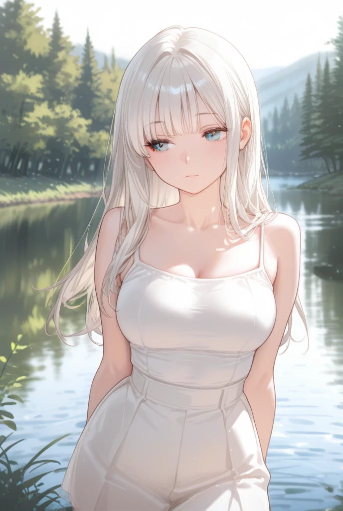 1 girl,  ((wearing a white silk plunging open shirt: 1.5)), (((Huge breasts :1.3, and droopy breasts:1.5))) serene expression, mesmerizing eyes, straight long hair, flowing dress, poised posture, subtle blush, crystal pendant
BREAK
golden hour, (rim lighting):1.2, warm tones, sun flare, soft shadows, vibrant colors, painterly effect, dreamy atmosphere
BREAK
scenic lake, distant mountains, willow tree, calm water, reflection, sunlit clouds, peaceful ambiance, idyllic sunset, ultra detailed, official art, unity 8k wallpaper
, zentangle, mandala