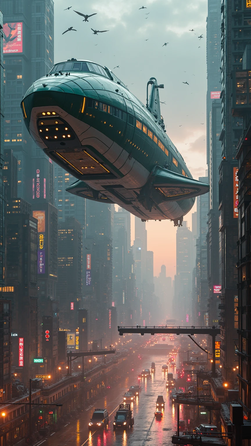 massive rectangular hover transport vessel looming above a sprawling futuristic metropolis at dusk, sleek aerodynamic hull painted in dark green and white with subtle weathering and visible panel seams, illuminated passenger windows and digital advertisement panels flickering along its sides, powerful plasma thrusters on its underside pulsing a soft bluish glow, gently levitating above densely packed high-rise towers clad in reflective glass curtain walls and neon signage in multiple languages, rain-slick streets below shimmering with city lights and moving vehicle streaks, distant skyscrapers pierced by golden sunset rays fading into violet twilight sky, low-angle perspective emphasizing immense scale, intricate aerial docking pylons and retractable landing bridges extending toward the craft’s belly, slender maintenance drones buzzing around open service ports, volumetric lighting casting warm beams through light haze and urban smog, swirling dust motes dancing in illuminated shafts, photorealistic textures capturing metal rivets, reflective glass shards, and weathered concrete surfaces with neon reflections, high-resolution 8K wallpaper composition in a panoramic wide aspect ratio, harmonious palette blending cool teals, warm ambers, deep purples and cold steel grays, shallow depth of field softly blurring distant horizon while keeping foreground vessel edges razor-sharp, asymmetrical framing with vessel offset to the right of center, slight vignette focusing viewer attention, subtle lens flares at bright edge highlights, ambient occlusion and global illumination enhancing realistic interplay of light and shadow across layered architecture, dynamic contrast between warm sunset glow and cool artificial lights, cinematic mood evoking technological marvels and quiet anticipation, perfect for concept art or background showcasing advanced urban transport infrastructure, ultra-detailed rendering style blending photorealism with soft sci-fi aesthetic, visible water dropl