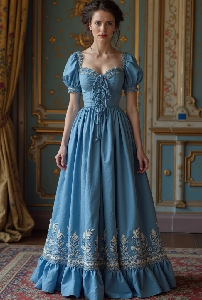 A combination of Maya Hawke, Maia Mitchell, and Katie Douglas in a regency era dress