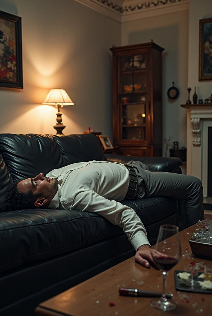 man lying on the sofa, the whole room is messy, crumpled toilet paper balls thrown on the floor