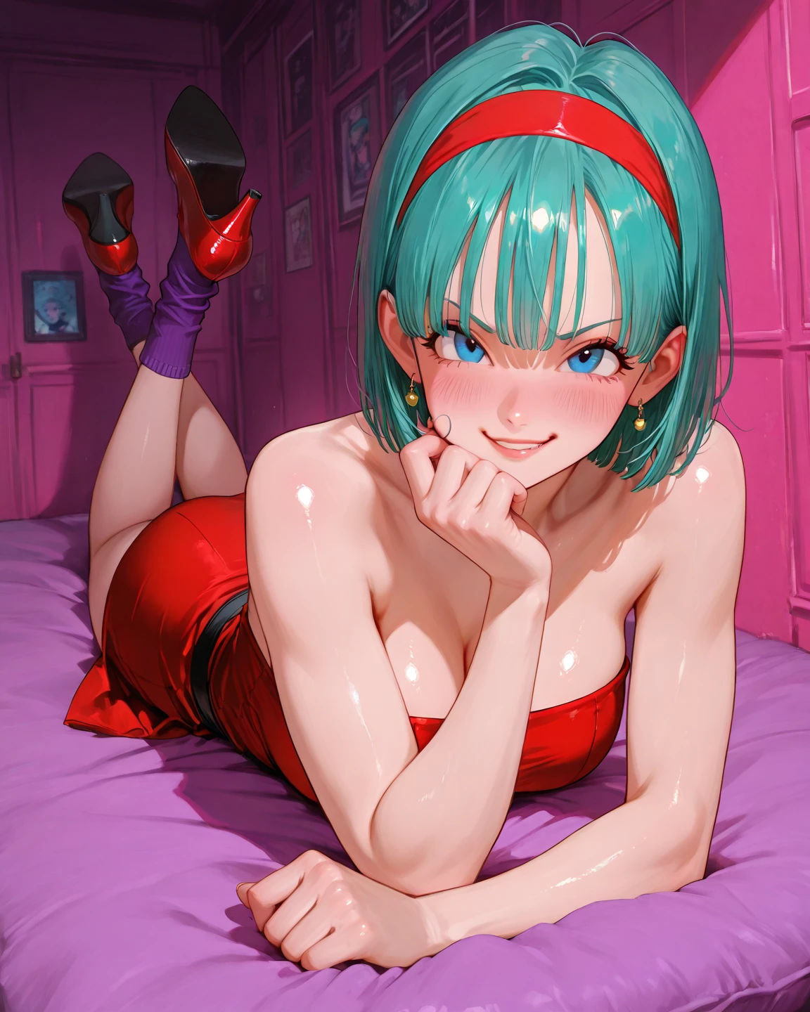 Encounter, middle hips, very tight red bikini, large legs, green haired, young body, Miranda Sensual, erotic posture, room atmosphere of the building, master part, best quality, extremely high quality, breasts small, Red gloves on hands, breasts showing, on top of the bedroom bed, whole body, green haired, green hair, blue colored eyes, red hair ribbon, sexly, breasts and vargina being exposed, apparent breasts,