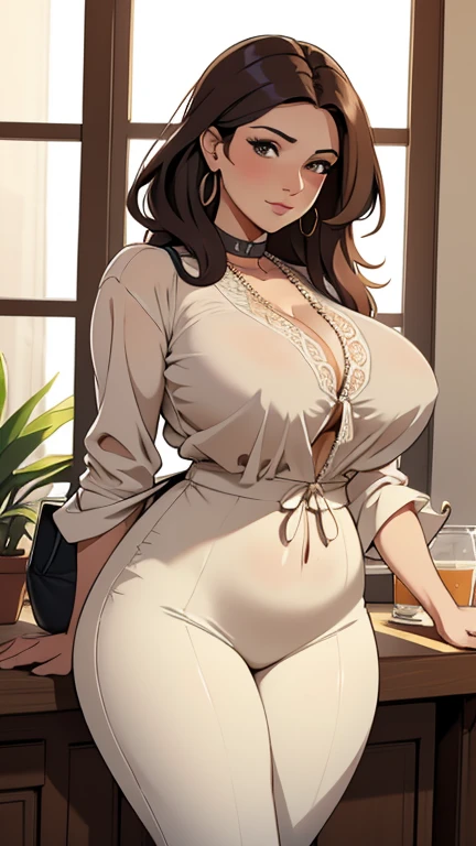 ((best quality)), ((masterpiece)), (detailed), perfect face hyperrealistico, detalles, Hermosa mujer mayor madura sexy, relaxed brown eyes, sonrisa tenue, long brown hair, top Blanco, mostrar escote grande abierto amplio, (cleavage showing) (bare chest) pechos grandes marcados, piel clara, caderas anchas, falda azul, de pie junto a puerta, fondo cocina