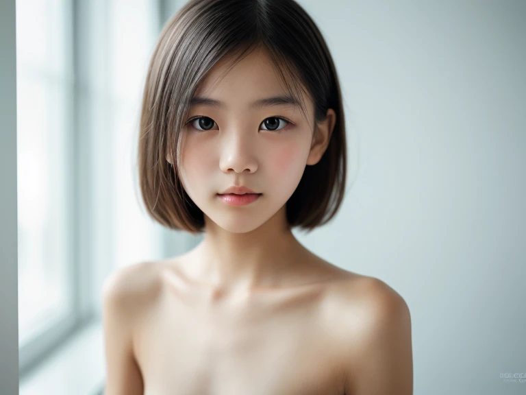 (masterpiece, highest quality:1.4), Award-winning portraits, 8k, 85mm, Beautiful Face, Delicate girl, (An empty, inorganic dungeon), Sophisticated, cute, 15 years old, RAW Photos, Confused, High resolution, Sharp focus, Background blur、(((flat 、thin and delicate body、Childish atmosphere)))、shiny semi-long hair、Small mole on the left cheek、 Dark brown eyes、Hair swaying in the wind、Flexible legs、naked、Gazing at the audience、Anxious expression、Thin chest、Small Tits、A cute, baby-faced Japanese girl、Knee Shot