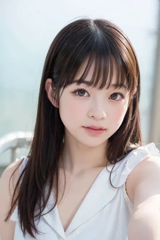 masterpiece, highest quality, 8k, 20th generation, Big Breasts, cute, alone, sad, cute, Girlish,cute 繊細な女の子, cute、Pure beauty, RAW Photos, Professional photography, Portraiture, Soft Light, Professional Lighting, Backlight, Upper Body, avert your eyes, Sophisticated, Film Grain, (Eye and facial details:1.0), Floating Hair, beautiful, Flowing hair, Asymmetrical bangs、(Big Breasts:1.4)、Pastel colored loose sleeveless top、You can see a little bit of her chest.、dolly make、Heterochromia iridis、Outdoor、Summer sky、Cumulonimbus、Sandy Beach、Ocean