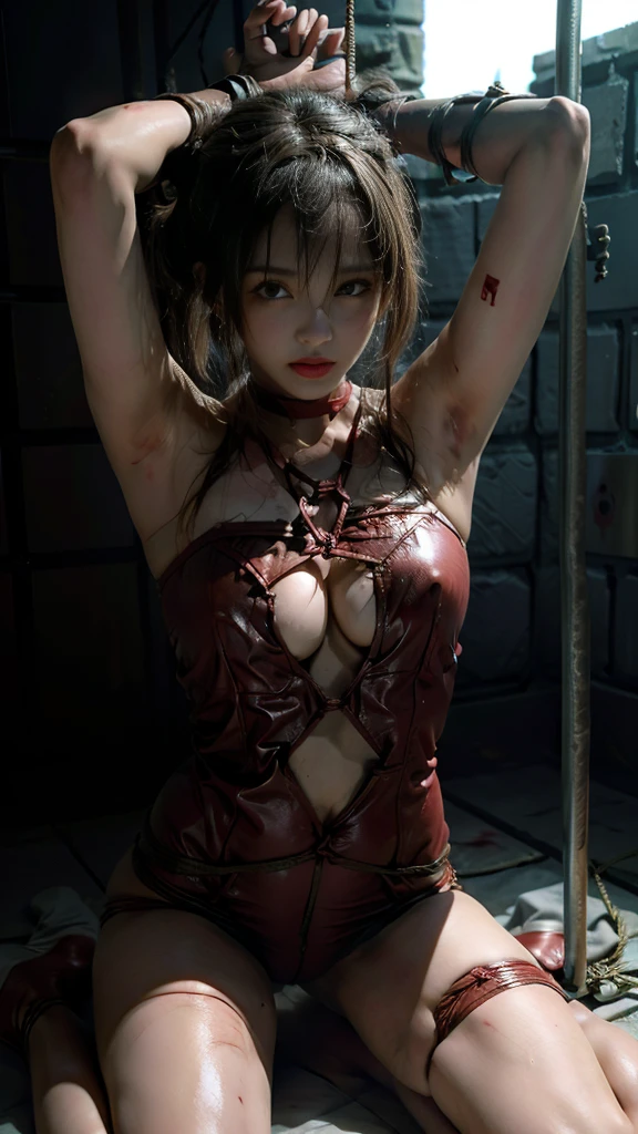 - [ ] ((wearing the superheroine's torn sheer costume)),(((no panties, no bra)), wet crotch, wet thighs, Beautiful girl with accentuated slender abs: 1.4, (((The tip is protruding, the areola is protruding, the shape of the pubic area is clearly visible)), Six-pack abs: 1.4, Bust Botox, (fully tied with a chain), Restraint, Slave, collar, contempt, (((tears flow, cry with pain)), sweating, (((vast prison with sunlight)), dark fantasy, peeling of the ceiling, broken slabs, rebar between cracks, realistic material details, extreme details, ultra-realistic materials, broken walls, ((torn costume))), wet, cloudy, ((chained)), ((big emphasized by chains)), ((chains digging into the crotch)) , ((hands tied behind the back, invisible hands)), (no panties, no bra), shredded costumes, broken golden shields and battle spears, combat shoulder armor, junkyard, blood on the face, blood splattered, realistic, (bruises, dirty, torn clothes, revealing clothes, blood: 1.3), brown hair, long hair, torn cloak, torn pantyhose, long legs, ((chains digging into the crotch)) , one leg suspended by chains, metallic shackles and fetters, (((crotch chains stretched to the ceiling and taut)), arms hung from the ceiling with chains, left ankle fetters chained by chains suspended from the ceiling, wet crotch clearly visible, shot from below, hands of shackles raised above by chains suspended from the ceiling and sides visible, sword and shield made of Swarovski at feet, anatomical, (futuristic sci-fi battle fashion, cracked elbow and knee cyberpad, ripped cyber long boots, ripped cyber gloves: 1.1), (((Y-shaped balance pose with both wrists and left leg bound))), ((left leg stretched straight up without bending the knee)), photography, sharpness, unique 850 4, Koda850 k portrait camera, F1.6 lens, ultra realistic textures, spectacular light textures, Cinestil 800 fashion mechanics,