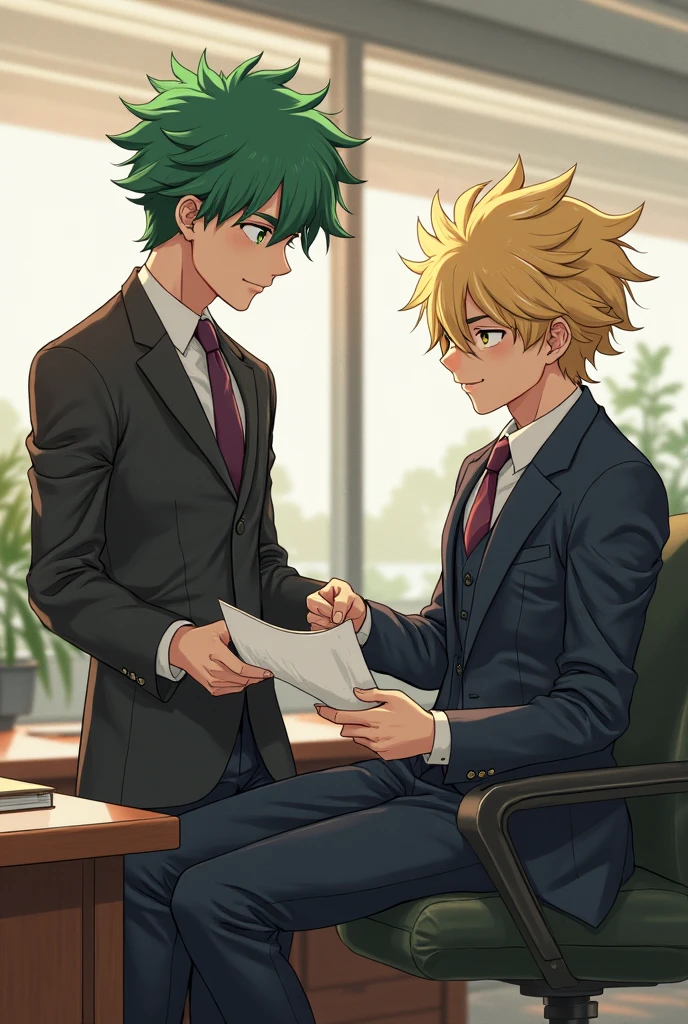 2 men, blonde, brown haired, handsome skinny men wearing white shirts and blue ties and grey pants laughing, sitting on chairs and feet on desk, feet tickling by feathers, toes tickled by feathers , office background 