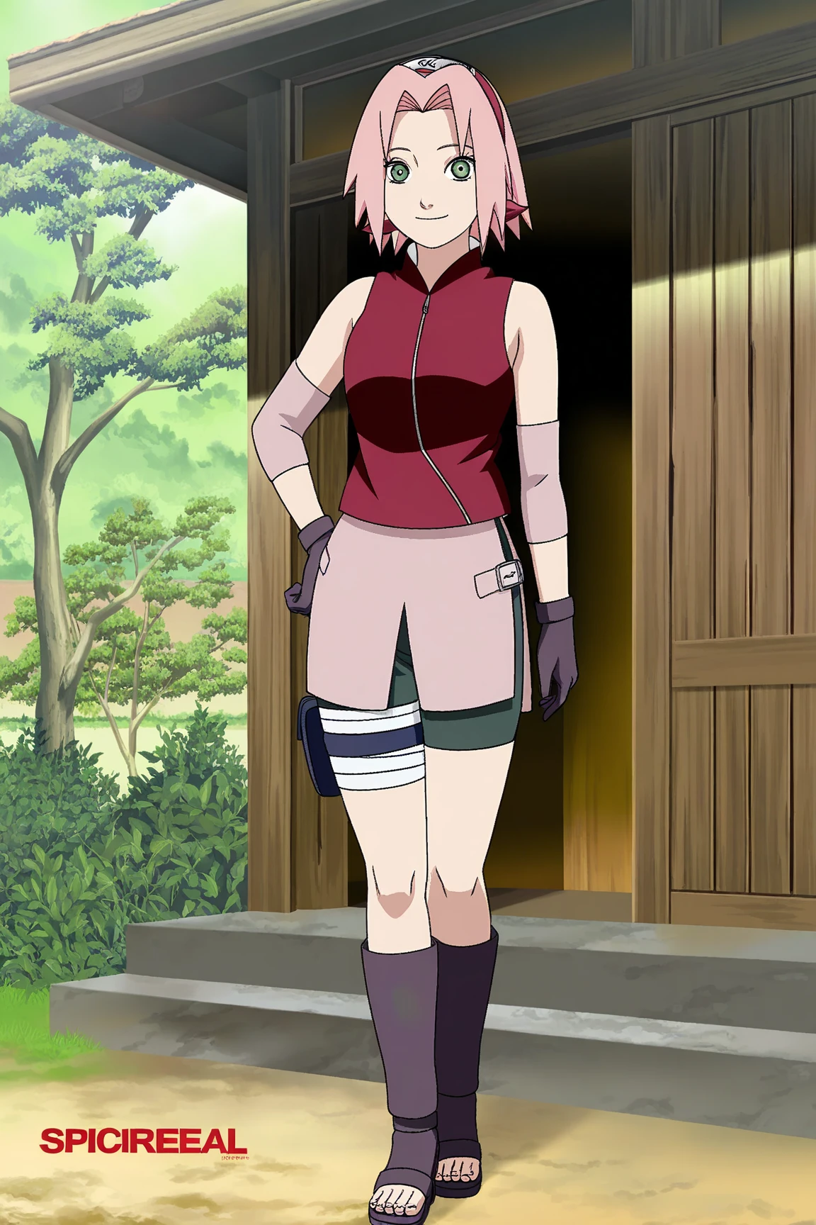 Sakura Haruno, Sakura Shippuden, open shirt,Unbuttoned, Split in the middle of the shirt, semi-naked, Sleeveless, Masterpiece, 1 woman, green eyes, condescending, elbow covers, black gloves, full body