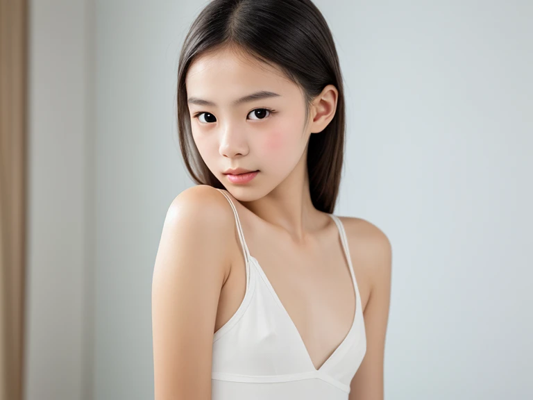 (table top, highest quality:1.4), beautiful face, 8K, 15 year old student, 85mm, absurd, white theme, (full body, bare shoulders), close up of face,  full nude,thin, delicate girl,16 years old, alone, looking at the viewer, bare shoulders,  thinウエスト, teen,  sharp focus, face light, professional lighting, Sophisticated, (smile:0.4), inside the room, (white wall, simple background, background bokeh:1.3), surface details