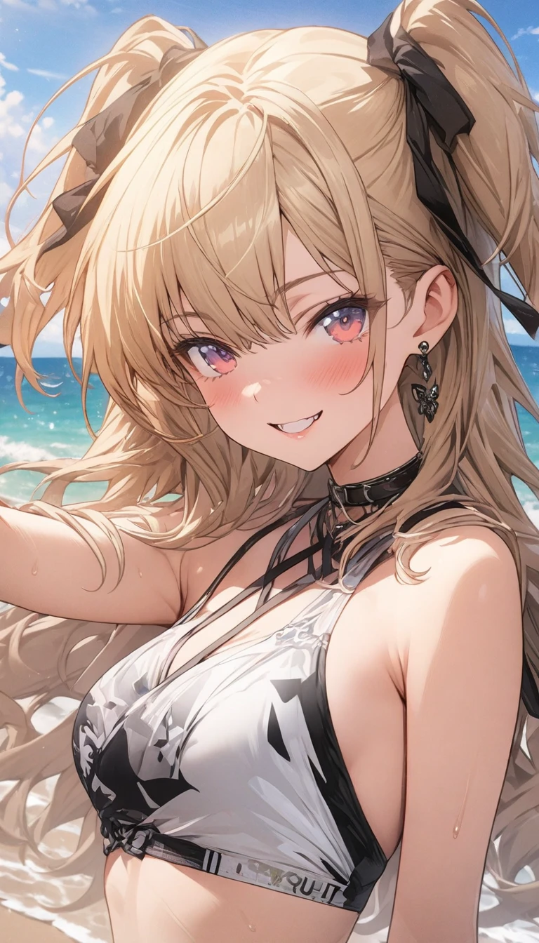 1 lady, 20 years old, blonde hair, long hair, wavy hair, light brown eyes, glamorous, seductive smile,
BREAK (masterpiece), (high resolution 8K), cinematic lighting, professional lighting, detailed eyes and face, detailed body,
BREAK black bikini, (seductive pose:1.2),
BREAK tropical atmosphere, on the beach, ocean, blurred background,