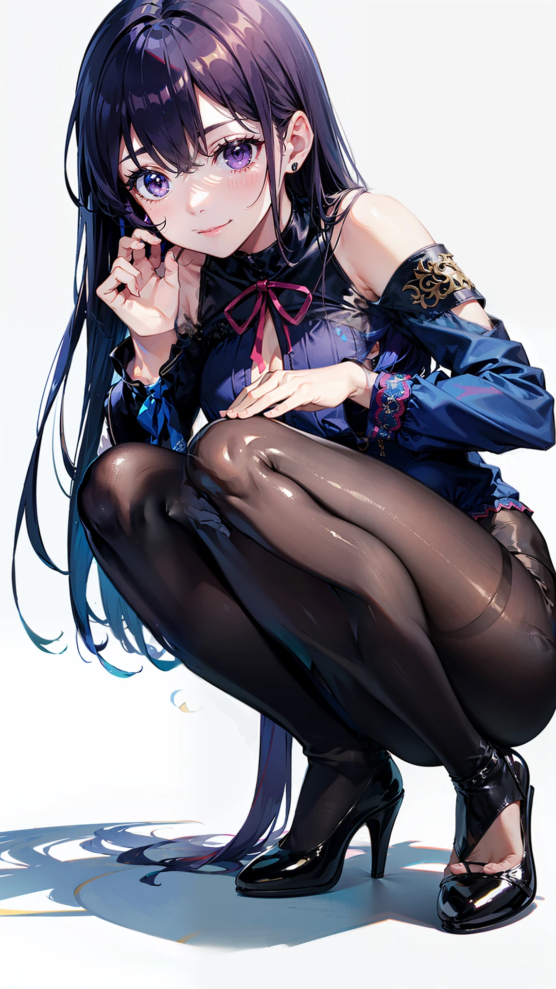 score_9, score_8_above, large breasts, 1 girl, Alone, solo, BREAK Clorinde, Genshin impact, dark blue hair, long hair, low ponytail, original hair style, bright purple eyes, \(CLOTHES\), alternate costume, virgin killer sweater, blue sweater, Open back, sleeveless, earrings, black silk pantyhose, The soles of the feet in the pantyhose, bewitching thighs, armpits, gleaming, skin-tight, shiny skin, chest outline, sweaty legs, perfect feets, only 2 legs, only 2 feet, \(BREAK\), look of contempt, Closed mouth, foots focus, low angle, feet towards the viewer, looking at the viewer, feet up, legs up, sitting on a dark glass table, \(BREAK\), indoors, office, white walls, window with flashes of light.