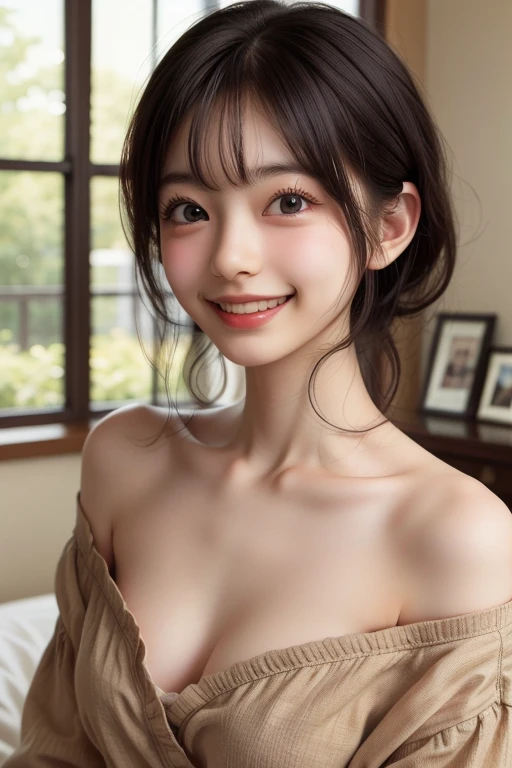 (highest quality,masterpiece:1.3,超A high resolution,),(Ultra-detailed,Caustics),(Photorealistic:1.4,RAW shooting,)Ultra-Realistic Capture,Very detailed,High resolution 16k human skin closeup。 The skin texture is natural、,Pores、It must be detailed enough to be easily identifiable.。 Skin should look healthy and have an even tone。 Use natural light and color,room,1 girl,Japanese,18-year-old,cute,Black-haired,Middle Hair,(Large Breasts:1.2),smile,Turn your body forward,(View from the front:1.2),Looking at the camera,Bust up shot:1.1,focused on the chest:1.1,Chest close-up:1.1