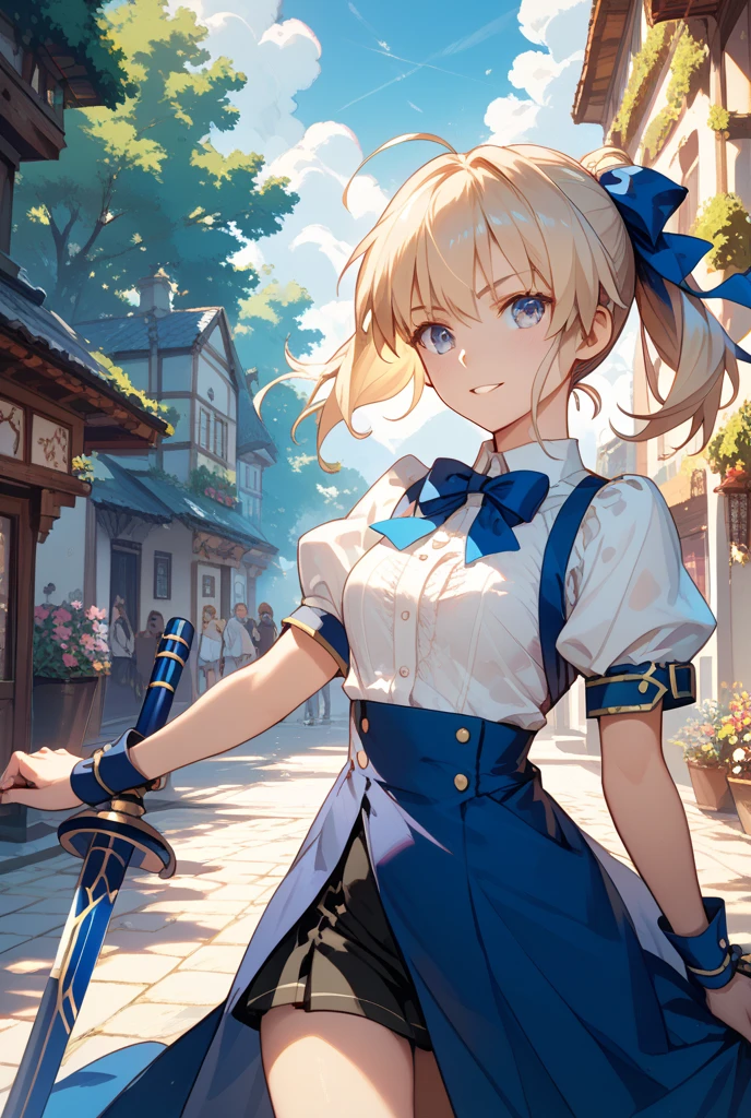 master part, best quality, Altas, Aasaber, olhos verdes, Ahoge, Manoplas, Standing, cowboy shot, skirt up, white panties