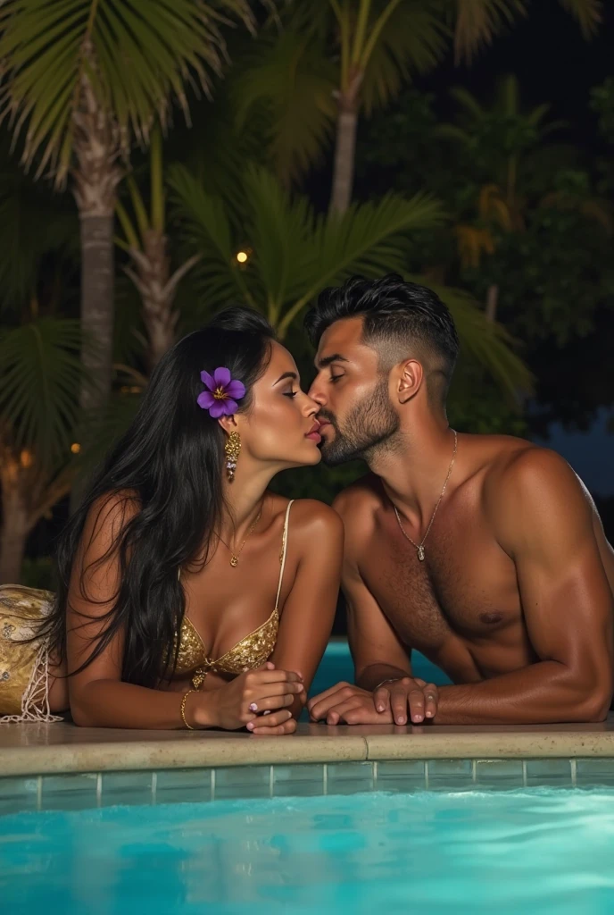 A Brazilian woman in a lush garden, wearing a very small floral top, with a close-up capturing the harmonious beauty between her large breasts and the natural flowers, showing off your natural charm and outgoing personality, Grinning, big-ass, sitting on the lap of her husband who is sitting on a bench