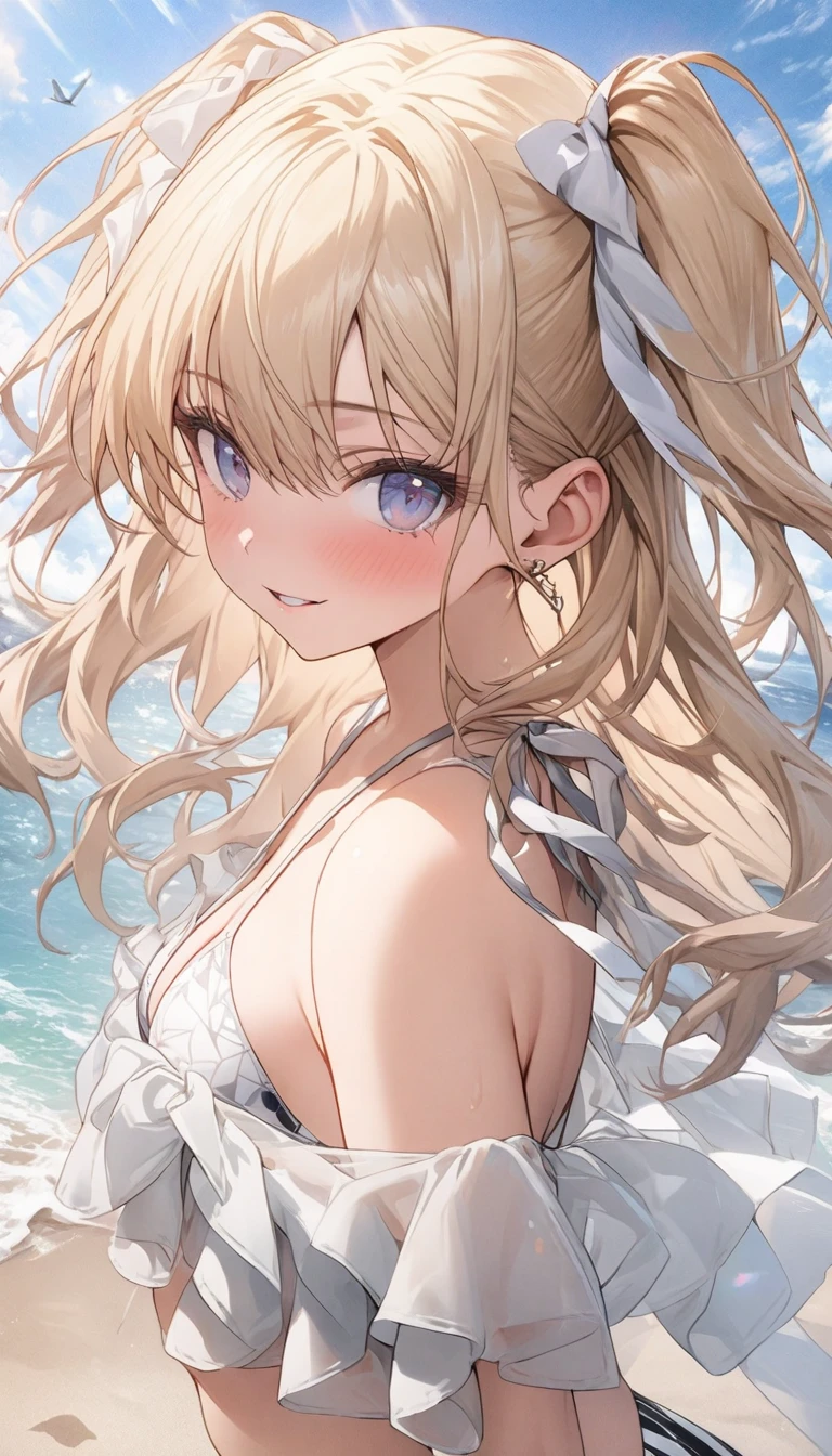 score_9, score_8_up, score_7_up, source_anime,masterpiece, best quality, high resolution, extremely detailed CG, absurdres, highres, 1girl, solo, cowboy shot,cute face, :D, summer beach background, bikini, frills,neondskdrmsxl,babycreamxl, (((((vivid color)))))