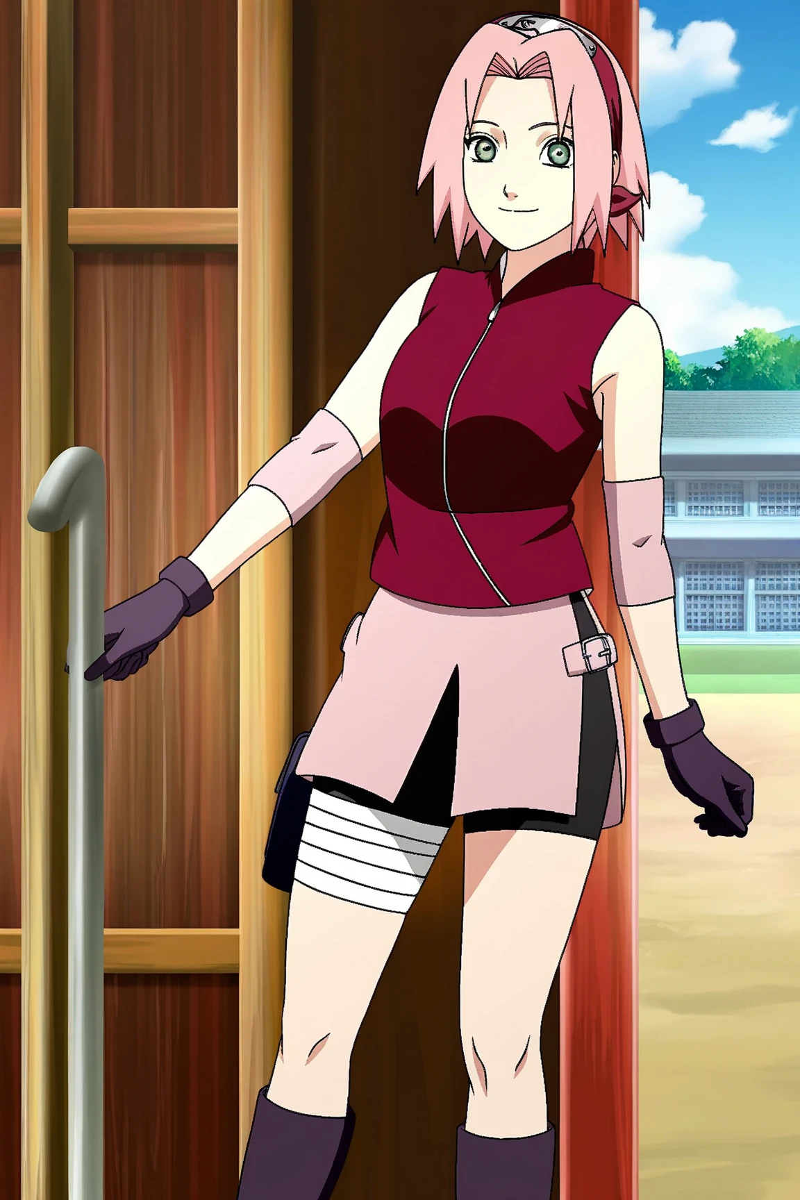 rating_questionable, source_anime, zPDXL, zPDXLxxx BREAK 1girl, solo, green eyes, looking at viewer, smile, closed mouth, konohagakure gym, ((((Special style illustrations:1.0)))),best quality,Best Animation,Create masterpieces,Ray Tracing,Sakura Haruno , High quality, (photoreal: 1.3),Exquisite details, (Highly refined skin: 1.2), (best quality: 1.0), (Ultra-high resolution: 1.0), wide  , abdomen , , Official anime artwork , anime screencap , anime coloring , masterpiece , best quality , 1girl , solo , sakura haruno , pink hair , green eyes , short hair , shinobi outfit , gloves , shorts , grey boots , boots , heels , heeled boots , bike shorts , toeless footwear, standing in a gym