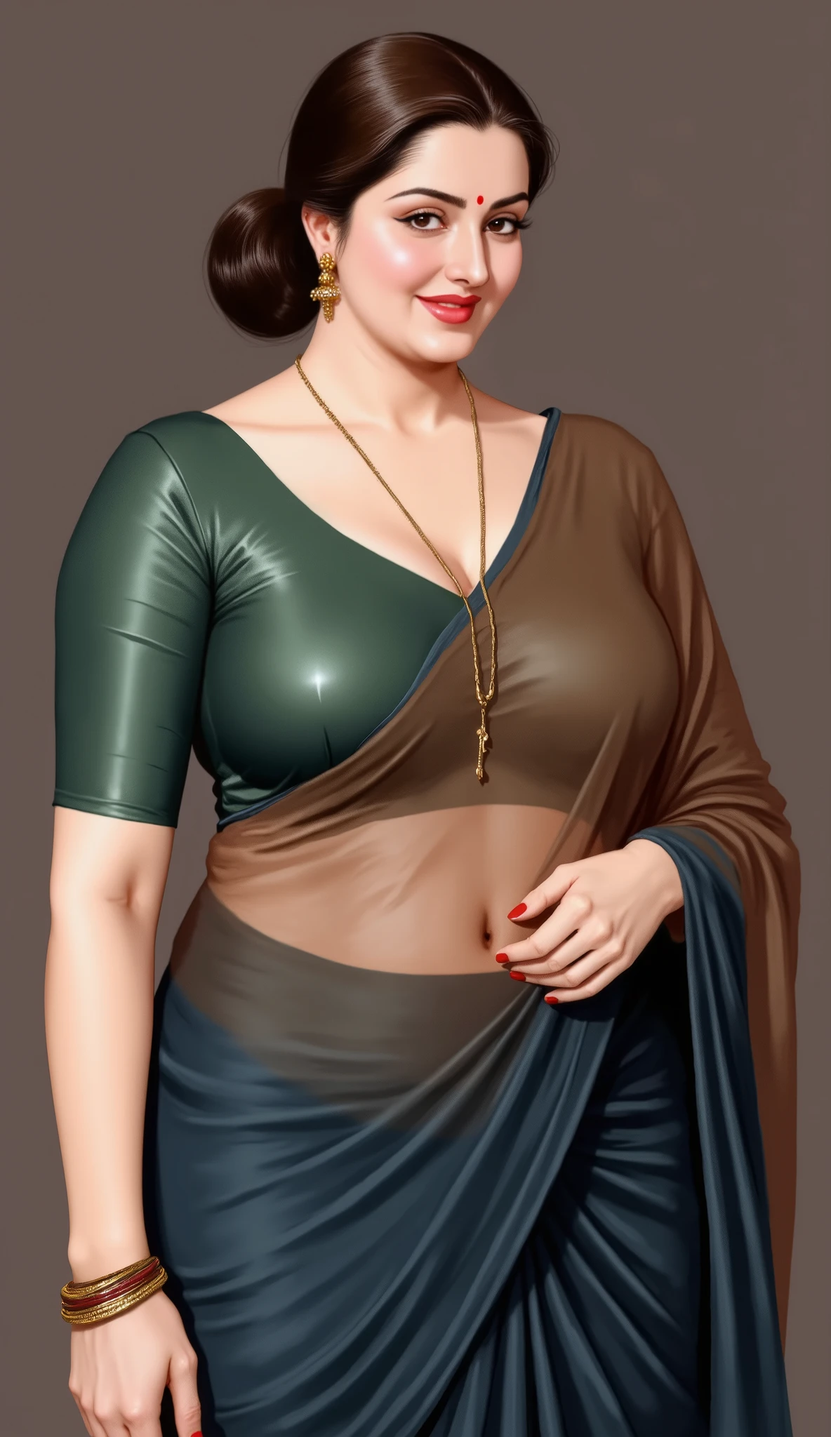 ((Centered composition, perfect framing, no cropping)), a high-quality painting by renowned artist Manimala, a traditionally styled Indian woman with a full, curvy body type, curvaceous and busty with large breasts and deep cleavage, intricate facial features, serene expression, She wears a red bindi, delicate gold earrings, and a traditional low bun hairstyle with dark, glossy hair parted slightly off-center. The bun is neatly coiled at the nape of the neck, giving an elegant and composed appearance. A few soft, loose strands fall naturally around her temples and cheeks, gently framing her face. The hair has a healthy sheen, appearing well-groomed yet effortlessly graceful, adding a romantic, slightly tousled charm to her traditional look, elegant posture, adorned with delicate jewelry, wearing reflective glossy shining brown transparent Saree with very deep low neck green shining silk blouse, The overall style is vivid, colorful, and richly textured, blending traditional beauty with cinematic artistry — 8K, ultra-detailed, soft volumetric lighting, photorealistic, oil painting style, rich tones, goddess-like presence, evocative and serene.