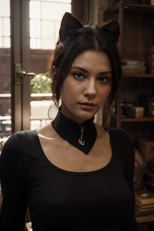A deep-looking ninja woman with brown eyes and long, beautiful eyelashes, con su traje en color blanco que permite admirar solo sus ojos, su traje se ve resplandeciente rebotando los rayos del sol, his sword in his right hand and the other holding on the floor, con la mirada al frente observando sigilosamente. La imagen tomada con una camara Sony a7c full frame con lente 35mm, con profundidad de campo. Cinematic style with cold tones.