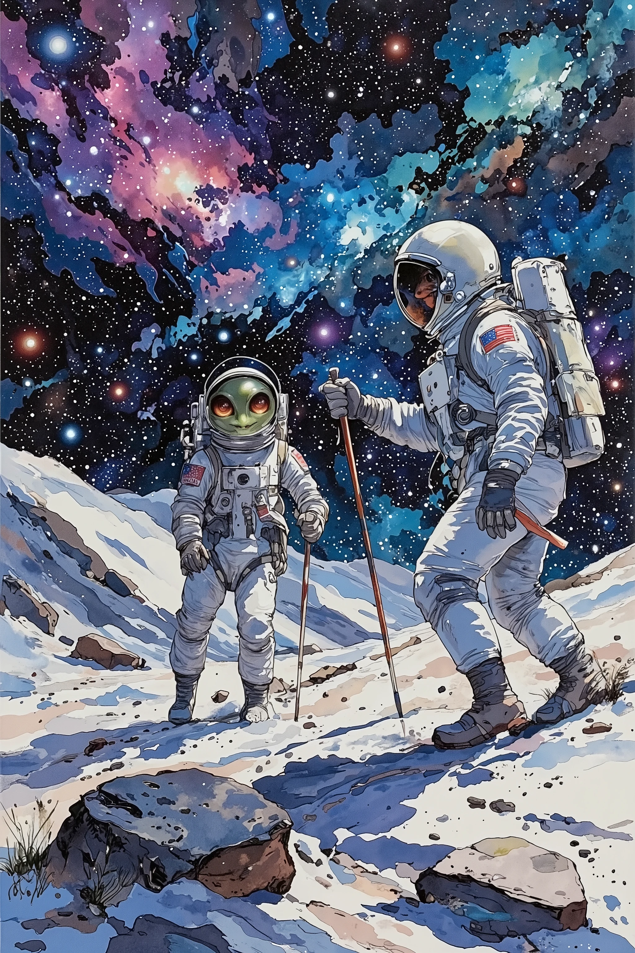 from side,side view,wide view,1 alien and 1 astronaut,hiking,holding Trekking pole,beautiful galaxy night sky,beautiful scenery,land scape,in Moon surface,vivid color,bright tone,dynamic pose,dramatic moment,dynamic angle,Takehiko Inoue style,beautiful detailed,Anatomically correct,High Definition,high detail,Illustration style, Zen Ink Wash Sumi-e,a hand-drawn sketch and watercolor style,