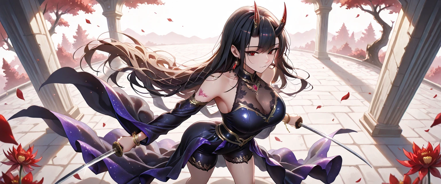 (masterpiece, 4K ,Super detailed:1.2), (anime:1), (Perfect quality), The whole body is shown, View Viewer, Holding a sword, Purple Hair, Muscular female warrior, Muscular and ultra violent women, Powerfully々And, epic swordsman, RPG concept art character