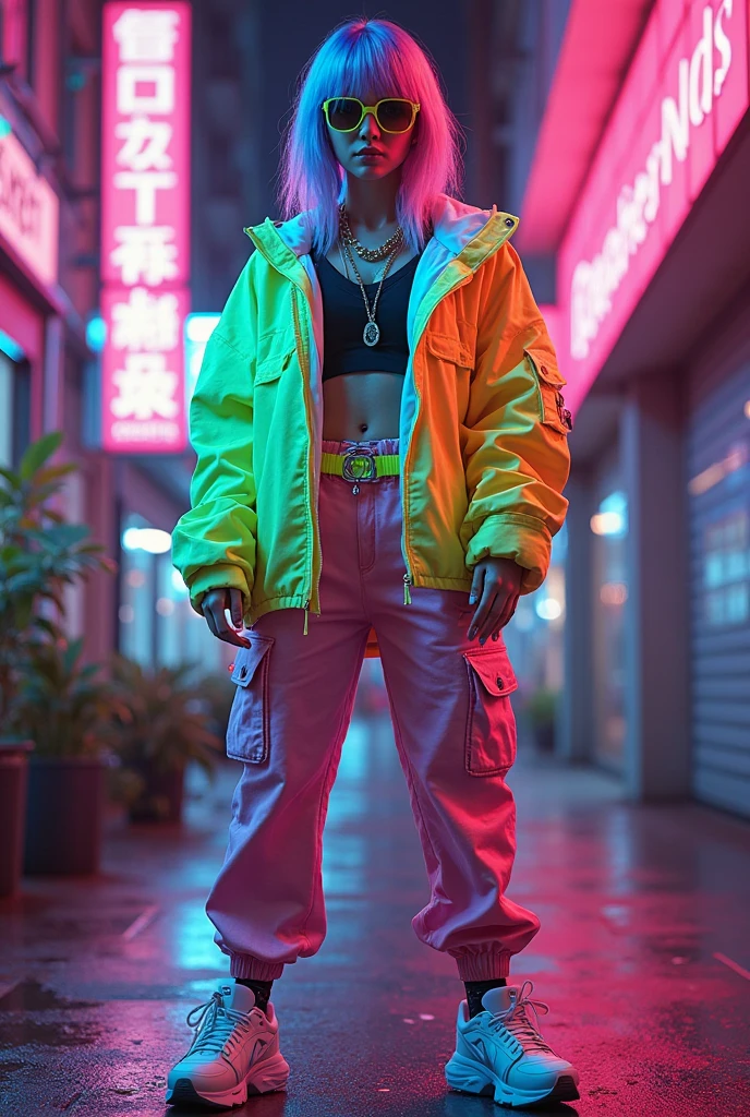 Cyberpunk Girl wearing a phosphorescent yellow green clothes and sneakers