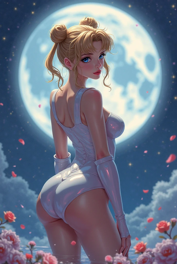 masterpiece, high quality, 4K, Beautiful design, silhouette,blonde, 非常に詳細な夜のStarry Sky,Cold ice world, wonderful, Finer details, Very knowledgeable woman, Highly detailed solo, 1 female,Big Breasts,Butt Emphasis,High-neck dress,Sleeveless,Night view,Starry Sky,full moon,How to sit,firework,
