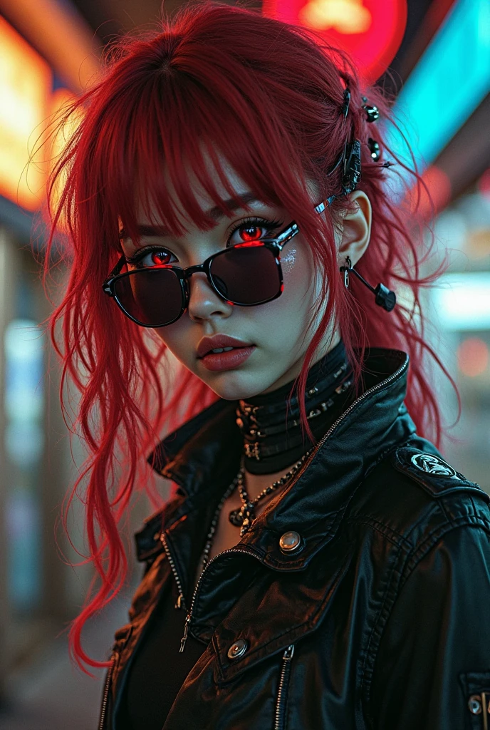1girl, half body portrait, short bright red disheveled hair, blue detailed eyes, neon night, (dog tags:1.2),  (aggrotech:1.4), heavy rain, water splashes, wet skin, black eyeshadow, (street style wear:1.2), (city background:1.2), dark makeup, digital art, trending on artstation, highly detailed, fine detail, intricate,beautiful detailed glow, detailed, Cinematic light, intricate detail, highres, detailed facial features, high detail, sharp focus, smooth, aesthetic,  extremely detailed,  (its raining:1.1)