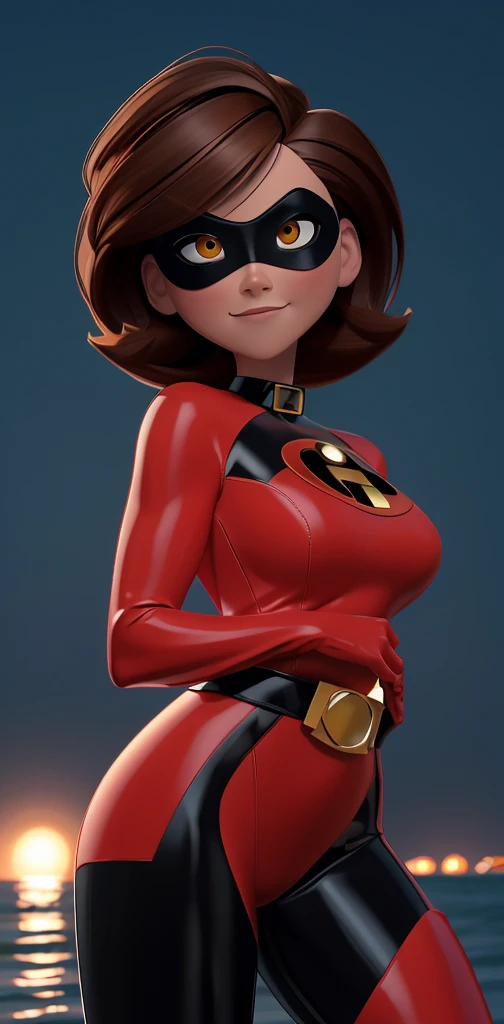 1girl,<lora:helen:0.8>,helenparr,red bodysuit, short hair, brown hair, gloves, brown eyes, bodysuit, mask,domino mask medium shot, Soft illumination, dreamy atmosphere, Unreal Engine 5 + Octane