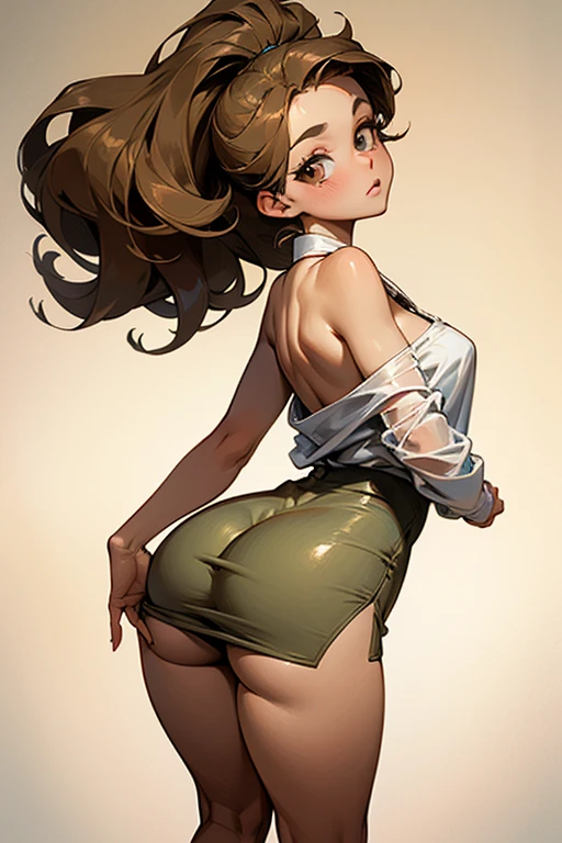 uma menina (((grabbing her ass))),(((hands on ass))), wearring a micro pantie, latina face, brown skin, long natural curly brown hair, glamour, slimthick, Stand up, maquiagem, Lips are soft or colored, fundo simples, silhuetas fluidas, Stand Up, provocador, surprised facial expression, bashful, simple lighting and texture, plain background, large clothes, pantie, crop top, back view, nice ass,