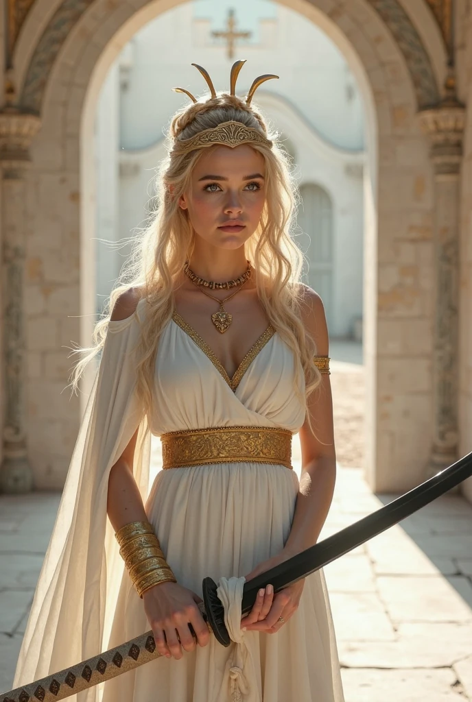 Young virgin greek goddess of wild nature and hunting, with (((Blonde hair))) And (((Blue eyes))), Amazingly beautiful, is fair-skinned, slender and tall, wears {sleeveless, (Very short: 1.7), (white:1.5), Greek chitons, With golden border}, Abs, "Looks strict and determined", Mythical Arcadian mountains and forests, Greek mythology, Hyper-Realism, Photorealistic, Super Detail, 8K, masterpiece