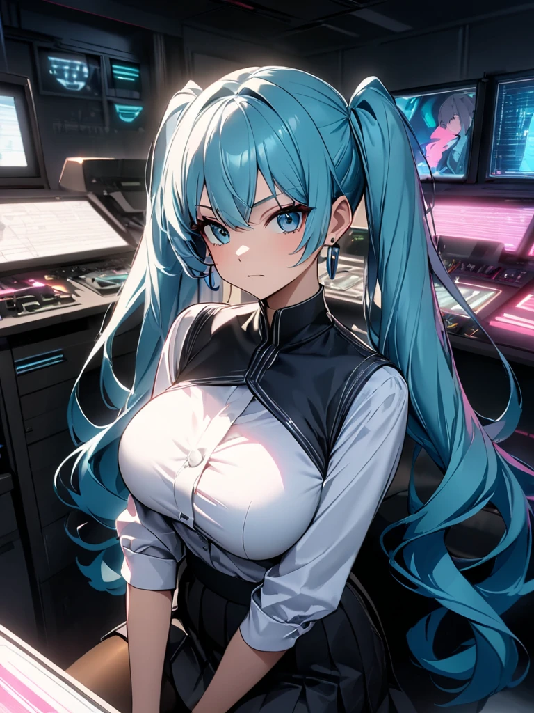 1girl, langes blaues Haar, shiny eyes, perfektes Gesicht, Huge breasts, Gamer-Girl, Gamer-Raum, dynamische Pose, good quality, 4k