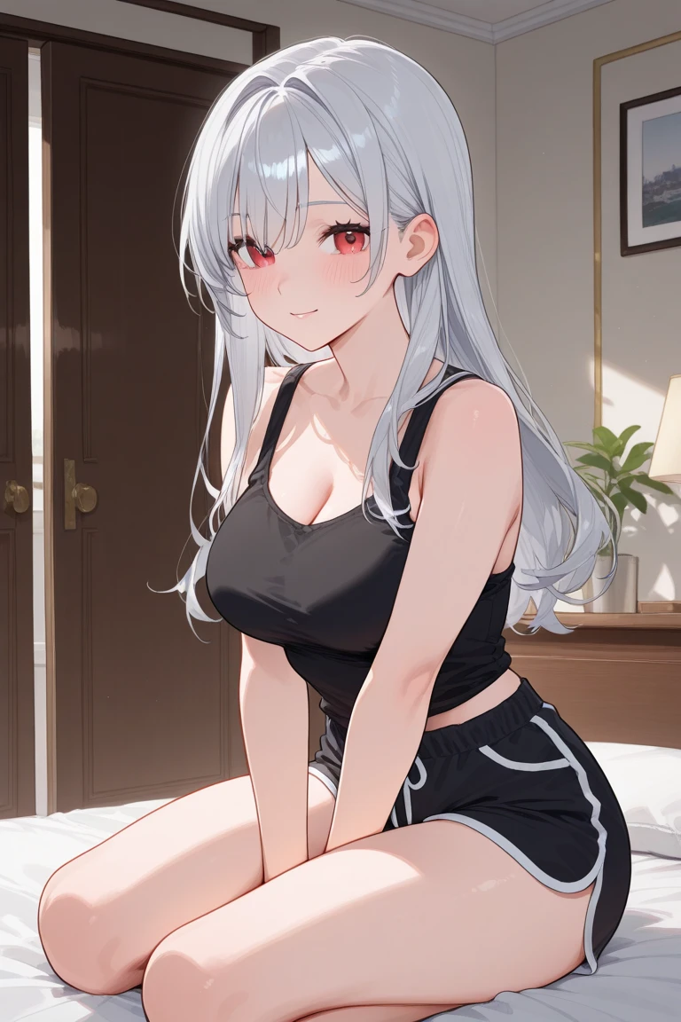 1girl, theresa apocalypse, erotic, hair flower, mature female, hair ornament, flower, earrings, lace tank top, micro shorts, head tilted, glossy skin, hair ribbon, ambient lighting, indoors, living room, sitting on couch, <lora:Char-Honkai-Theresa:0.8>