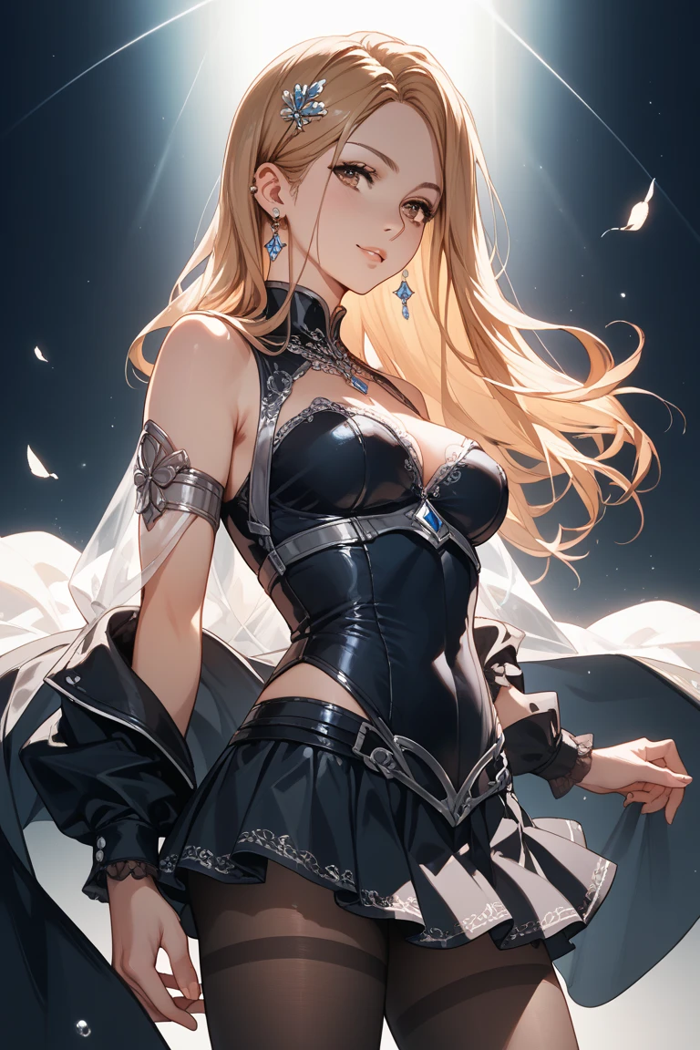 Girls wear skirts,Perfect face,underdressing,Narrow waist,(Realistic, Photorealistic), (Ultra-high RES), (Depth of field),Striped hair,Thick thighs,view the viewer , insanely details, Intricate details, cutout dress,(cleavage), Underbust cut-out dress,Shiny holographic cut-out dress:1.1 , Sagging breasts,Blonde hair,Red lips ,Sheer skirt