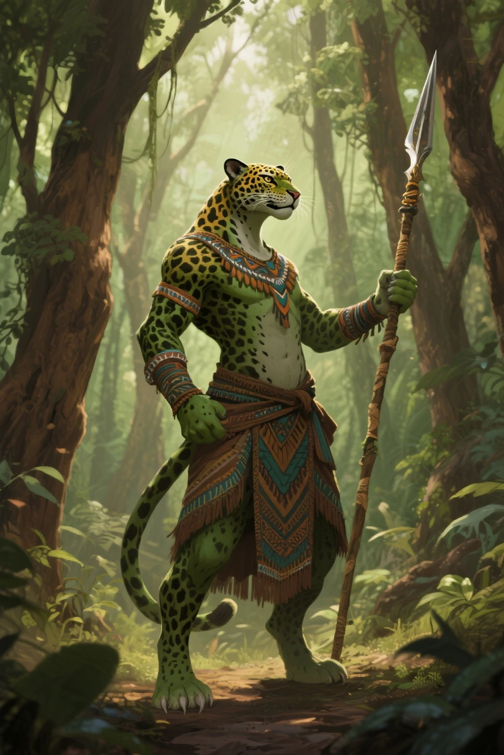 Create an image of Jamir, the Neutral deity of Knowledge, Deception, The Stars, Music, and Trickery, as a majestic jaguar humanoid figure with glowing eyes, draped in a hide of the same pattern. The image should reflect his celestial nature and mischievous personality, with a stylized jaguar paw symbol with seven stars arranged in a circular pattern. The art style should be reminiscent of D&D artist Wayne Reynolds, known for his detailed and fantastical illustrations of deities and creatures, long pants, inside jungle, adorned feathers and precious stones, aztec clothing, inside the jungle.