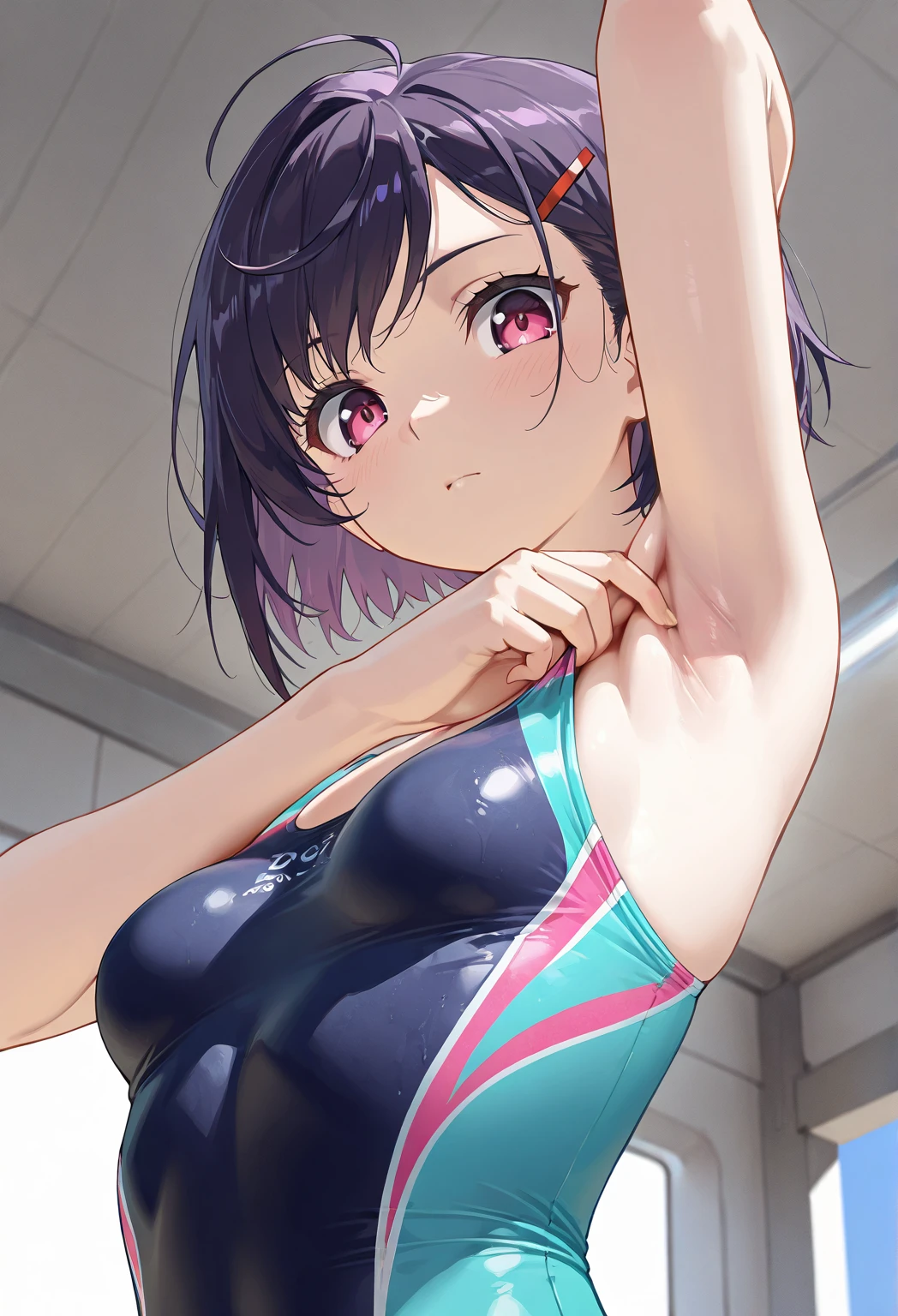 One piece type competitive swimsuit　Black Bob Hair　Great style　blush　smile　Standing facing forward　Up to the knee