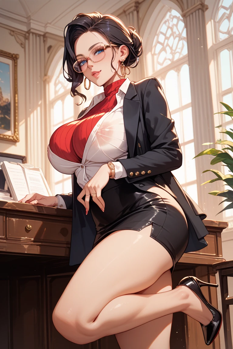 Brown hair short hair Glasses white blouse black tight skirt stockings lanyard id card 35 years old red rouge plump lips round face Plump Eyes meet Office on the top floor of a skyscraper secretary