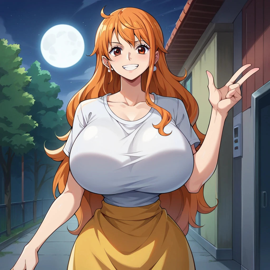 score_9, score_8_up, score_7_up, score_6_up, score_5_up, score_4_up, BREAK source_anime,POV, angry expression ,standing,nami_post, orange hair, long hair, wavy hair, side locks, brown eyes, gigantic breasts, covered nipples, covered pierced nipples, narrow waist, firm legs, toned abdomen, black thong, highleg thong, fat moans, fat pussy, puffy pussy, black t-shirt, tight t-shirt, grabbing own breasts, cleavage, cameltoe, outdoors, night city, cyberpunk city, full moon background