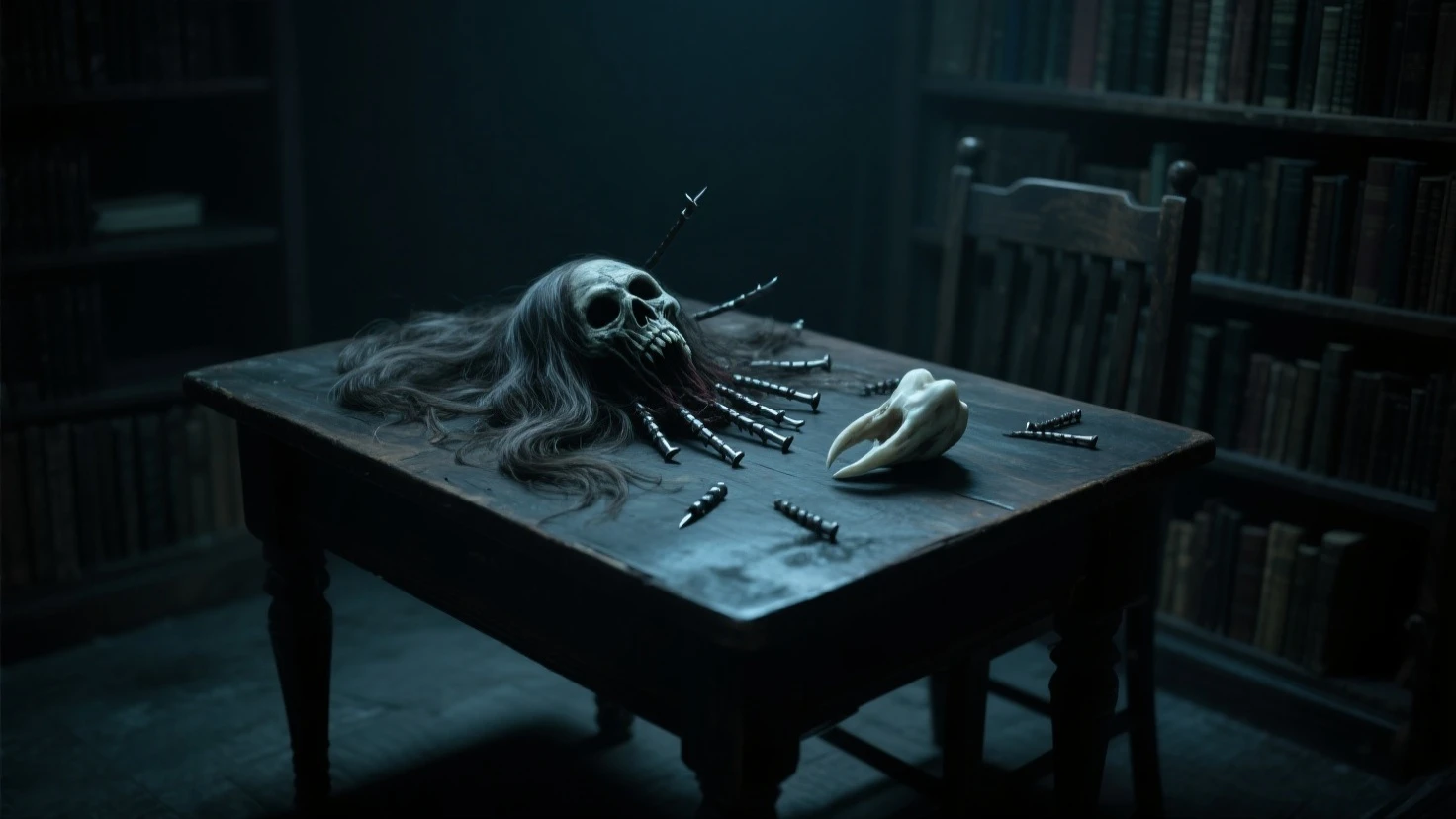 Fine matte painting, skeleton dark angel big wings haunted castle on drawing table full of knives, horror, spookiness, scary, secret horror, tentacles, vines, eyes, uncanny valley effect teeth, limbs, animals, blood moon