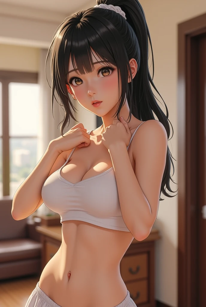 a close up of a woman in a white bra top and shorts, of anime girls, Beautiful and touching anime woman, smooth anime cg art, 有吸引力of anime girls, Realistic shadow perfect body, [ 4K digital art ]!!, Beautiful and touching anime , photorealistic perfect body, beautiful anime woman, white bra, 美丽of anime girls, Covered and SFW