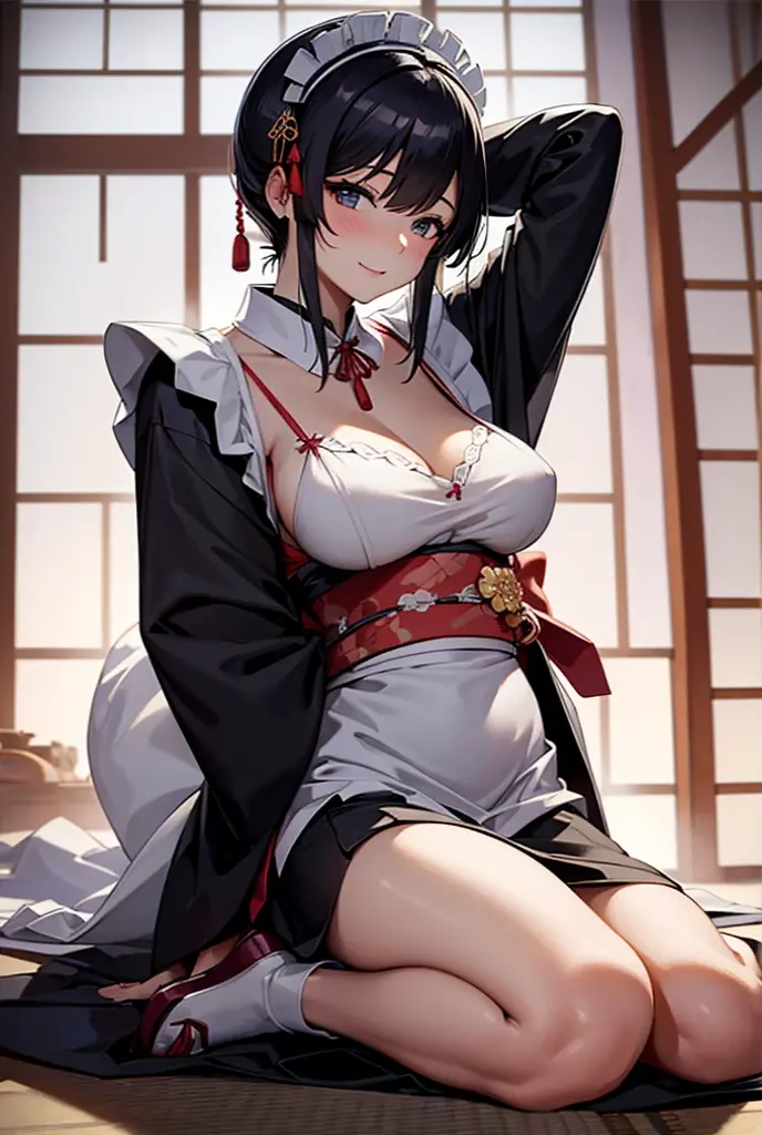 A petite black haired female blacksmith with orange eyes is polishing a sword