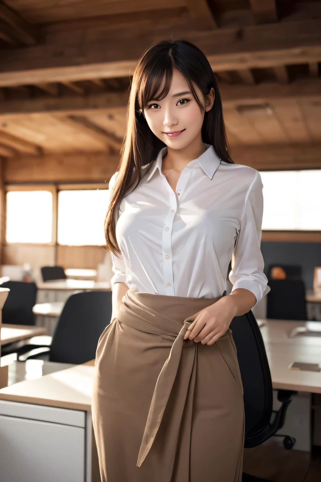 1 girl in、(Erika)Pose in front of the camera、(looking at viewert:1.2)、A smile、length hair、Bedroom、((a miniskirt))、((pencil skirts))、((Office Suits))、((pantyhose))