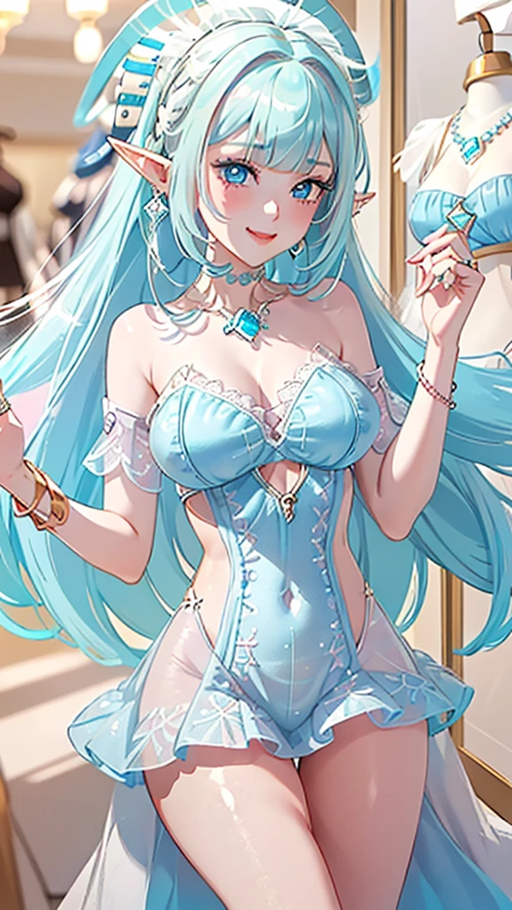 ((Masterpiece, Ultra Quality, High Resolution, Ultra High Definition 8K Quality)), One girl, beautifully detailed and perfect face, perfect and incomparable beauty body, curvy body, but slender body, beautiful perfect eyes, very long eyelashes, bright beautiful young face, shiny white skin, skin of the best beauty, shiny pink lips, (((the most beautiful bright light blue hair in the world, fine hair))), (((long hairstyle))), shiny beautiful bangs, shiny clear big blue eyes, very beautiful and lovely 17 years old The most beautiful girl in the world, (((big ample breasts))), (((beautiful smile))), sexually aroused expression, (((beautiful smile))), sexually aroused expression, (((beautiful smile))). sexually aroused expression, ((image from knees up)), (((sexy see-through dress))), (((Cute flower hair ornament, Cutely designed, earrings, necklaces, bracelets and rings))), (((Beautiful skin that appears clear and translucent))), ((beautiful smile)), (((Scene: Lingerie fashion show)))