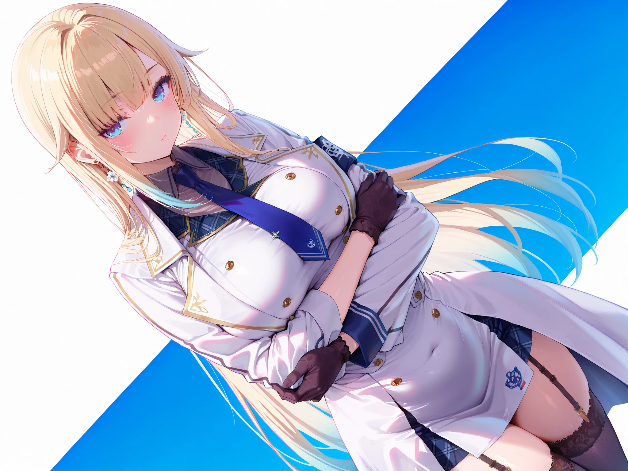masterpiece,best quality, amazing quality, highres, absurdres, very aesthetic, high resolution, ultra detailed, perfect details,EmaMilitary, long hair, earrings, short dress, necktie, gloves, white coat, garter straps, thighhighs,,anime keyvisual,medium breasts、look at viewer、breast hold、crossed arms、curvy