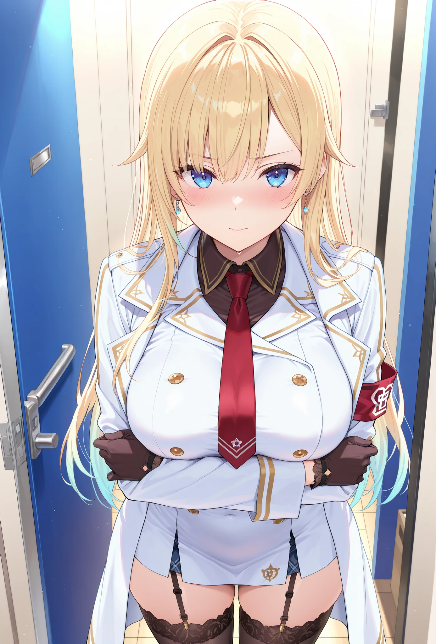 masterpiece,best quality, amazing quality, highres, absurdres, very aesthetic, high resolution, ultra detailed, perfect details,EmaMilitary, long hair, earrings, short dress, necktie, gloves, white coat, garter straps, thighhighs,,anime keyvisual,medium breasts、look at viewer、breast hold、crossed arms、curvy
