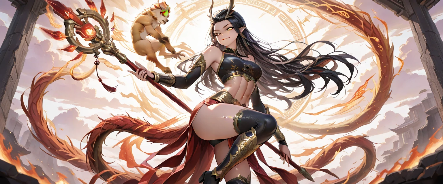 Tall girl, golden eyes, light-brunette, white-gold, tight Chinese outfit, dragon horns and tail, divine light, emotionless look